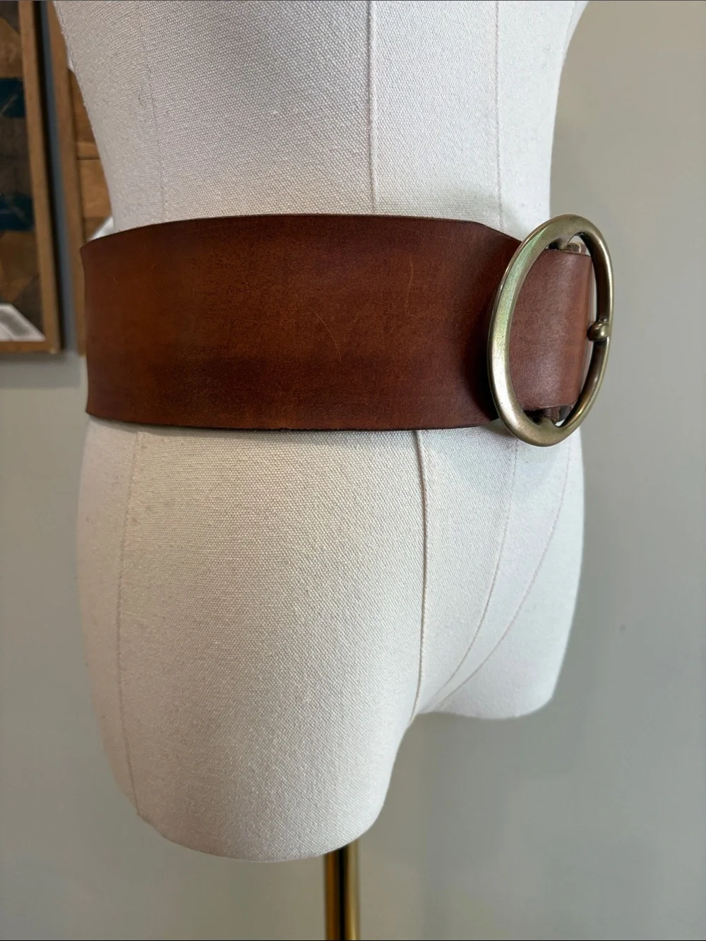 Vintage Ralph Lauren 80s Wide Brown Leather Belt with Round Brass Buckle Small - Picture 4 of 14